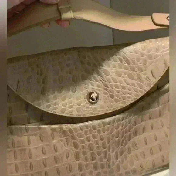 Furla Croc Embossed Handbag Satchel Lg Genuine Italian Leather Womens Taupe - Picture 1 of 16